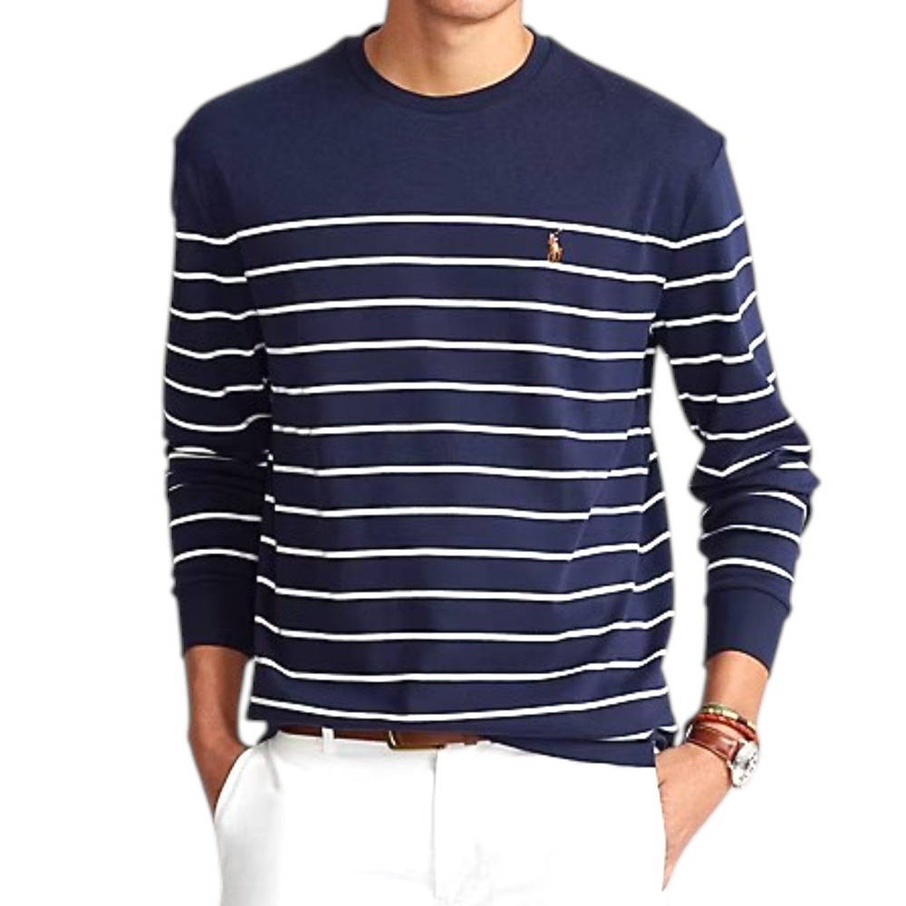 Polo Ralph Lauren Classic Fit Striped Soft Cotton T-Shirt Mens M Navy Blue White